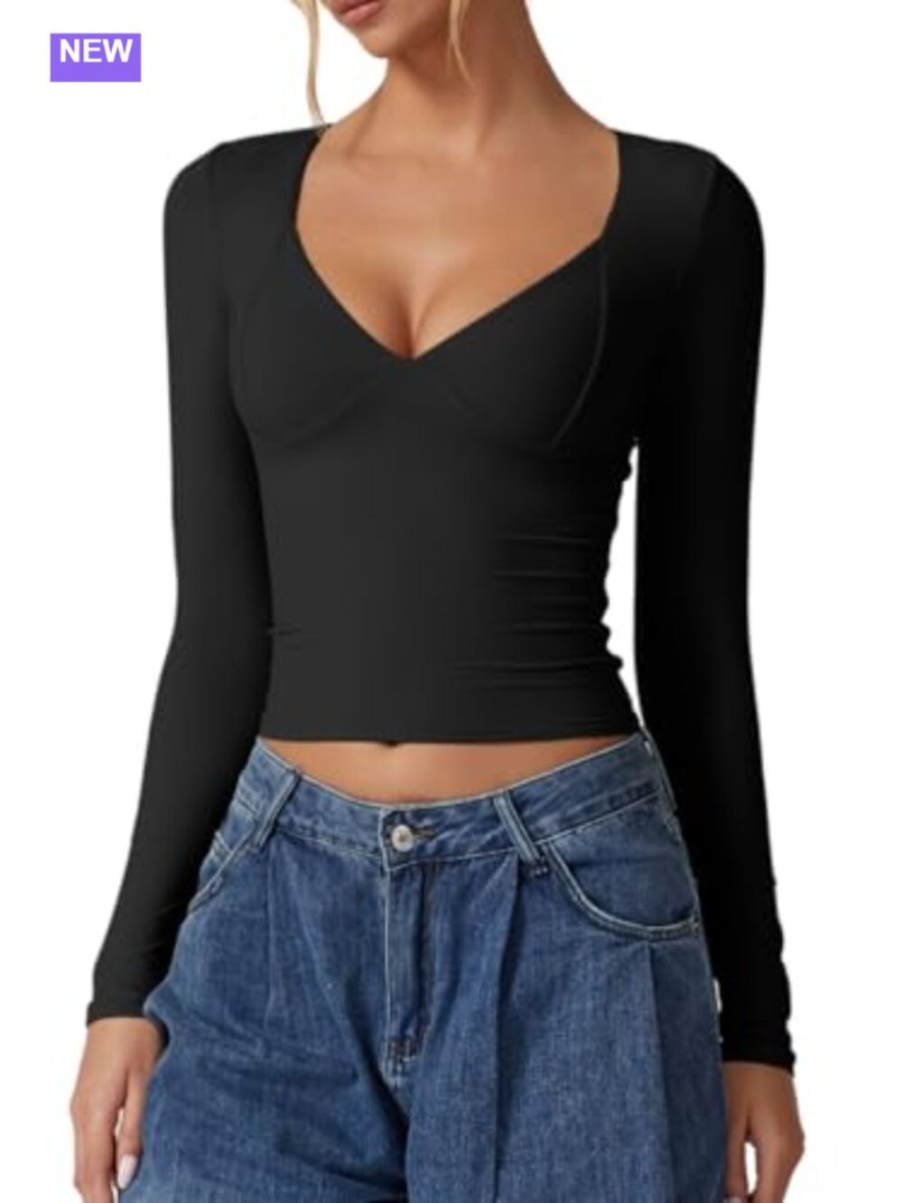 Double Lined V Neck Long Sleeve Crop Top Seamed Cup Going Out Tee